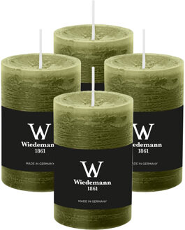 Cilinderkaars/stompkaars - 4x - rustieke kaars - olijfgroen - 6 x 9 cm - 30 branduren