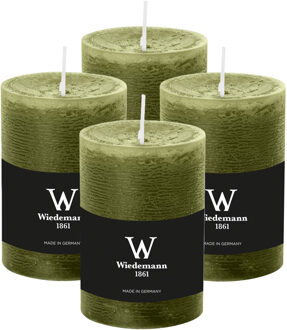 Cilinderkaars/stompkaars - 4x - rustieke kaars - olijfgroen - 7 x 10 cm - 43 branduren