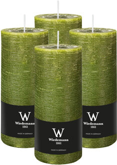 Cilinderkaars/stompkaars - 4x - rustieke kaars - olijfgroen - 7 x 16 cm - 66 branduren