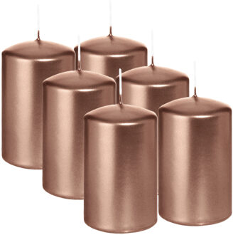 Cilinderkaars/stompkaars - 6x - metallic ros?goud - 6 x 8 cm - 29 branduren