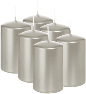 Cilinderkaars/stompkaars - 6x - metallic zilver - 6 x 8 cm - 29 branduren