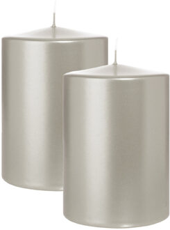 Cilinderkaars/stompkaars groot - 2x - metallic zilver - 15 x 10 cm - 113 branduren
