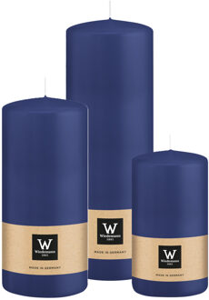 Cilinderkaarsen/stompkaarsen - set van 3 - donkerblauw - 6x12/7x15/7x20 cm