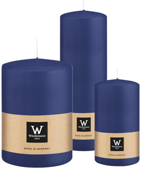 Cilinderkaarsen/stompkaarsen - set van 3 - donkerblauw - 7x13/10x15/7x20 cm
