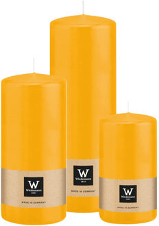 Cilinderkaarsen/stompkaarsen - set van 3 - geel - 6x12/7x15/7x20 cm