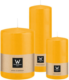 Cilinderkaarsen/stompkaarsen - set van 3 - geel - 7x13/10x15/7x20 cm