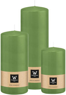 Cilinderkaarsen/stompkaarsen - set van 3 - lichtgroen - 6x12/7x15/7x20 cm