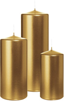 Cilinderkaarsen/stompkaarsen - set van 3 - metallic goud - 6x12/7x15/7x20 cm