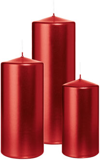Cilinderkaarsen/stompkaarsen - set van 3 - metallic rood - 6x12/7x15/7x20 cm