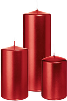 Cilinderkaarsen/stompkaarsen - set van 3 - metallic rood - 6x8/7x13/7x20 cm