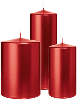 Cilinderkaarsen/stompkaarsen - set van 3 - metallic rood - 7x13/10x15/7x20 cm