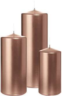 Cilinderkaarsen/stompkaarsen - set van 3 - metallic ros?goud - 6x12/7x15/7x20 cm