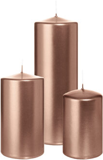 Cilinderkaarsen/stompkaarsen - set van 3 - metallic ros?goud - 6x8/7x13/7x20 cm