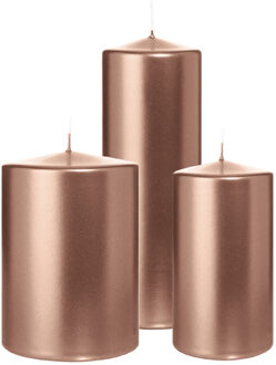 Cilinderkaarsen/stompkaarsen - set van 3 - metallic ros?goud - 7x13/10x15/7x20 cm
