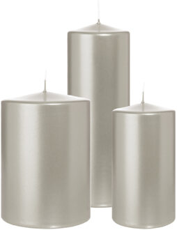 Cilinderkaarsen/stompkaarsen - set van 3 - metallic zilver - 7x13/10x15/7x20 cm