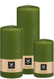 Cilinderkaarsen/stompkaarsen - set van 3 - olijfgroen - 6x12/7x15/7x20 cm