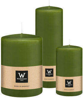Cilinderkaarsen/stompkaarsen - set van 3 - olijfgroen - 7x13/10x15/7x20 cm