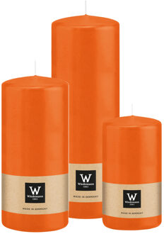 Cilinderkaarsen/stompkaarsen - set van 3 - oranje - 6x12/7x15/7x20 cm