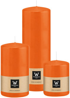 Cilinderkaarsen/stompkaarsen - set van 3 - oranje - 6x8/7x13/7x20 cm