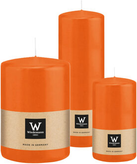 Cilinderkaarsen/stompkaarsen - set van 3 - oranje - 7x13/10x15/7x20 cm