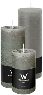 Cilinderkaarsen/stompkaarsen - set van 3 - rustieke kaars - lichtgrijs - 6x9/7x16/7x22 cm