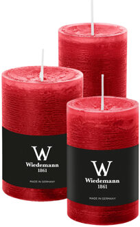 Cilinderkaarsen/stompkaarsen - set van 3 - rustieke kaars - rood - 6x9/6x12/7x10 cm