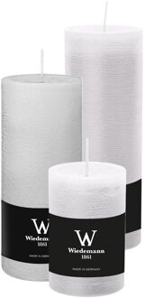 Cilinderkaarsen/stompkaarsen - set van 3 - rustieke kaars - wit - 6x9/7x16/7x22 cm