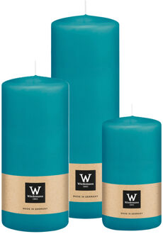 Cilinderkaarsen/stompkaarsen - set van 3 - turquoise - 6x12/7x15/7x20 cm