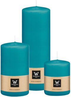 Cilinderkaarsen/stompkaarsen - set van 3 - turquoise - 6x8/7x13/7x20 cm