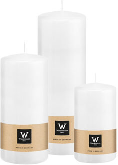 Cilinderkaarsen/stompkaarsen - set van 3 - wit - 6x12/7x15/7x20 cm