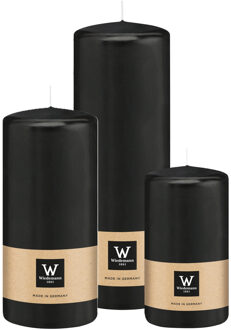 Cilinderkaarsen/stompkaarsen - set van 3 - zwart - 6x12/7x15/7x20 cm