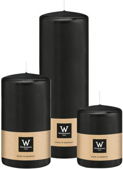 Cilinderkaarsen/stompkaarsen - set van 3 - zwart - 6x8/7x13/7x20 cm