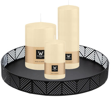 Cilinderkaarsen stompkaarsen - set van 3x - op dienblad - creme wit - 6 x 12 - 10x15 - 7x20 cm