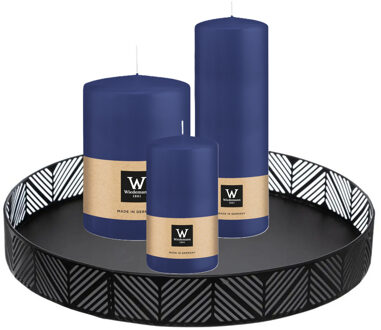 Cilinderkaarsen stompkaarsen - set van 3x - op dienblad - donkerblauw - 6 x 12 - 10x15 - 7x20 cm