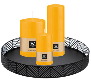 Cilinderkaarsen stompkaarsen - set van 3x - op dienblad - geel - 6 x 12 - 10x15 - 7x20 cm