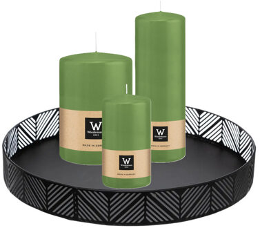 Cilinderkaarsen stompkaarsen - set van 3x - op dienblad - groen - 6 x 12 - 10x15 - 7x20 cm