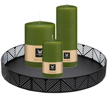 Cilinderkaarsen stompkaarsen - set van 3x - op dienblad - olijfgroen - 6 x 12 - 10x15 - 7x20 cm