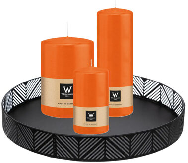 Cilinderkaarsen stompkaarsen - set van 3x - op dienblad - oranje - 6 x 12 - 10x15 - 7x20 cm
