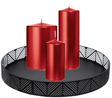 Cilinderkaarsen stompkaarsen - set van 3x - op dienblad - rood - 6 x 12 - 10x15 - 7x20 cm