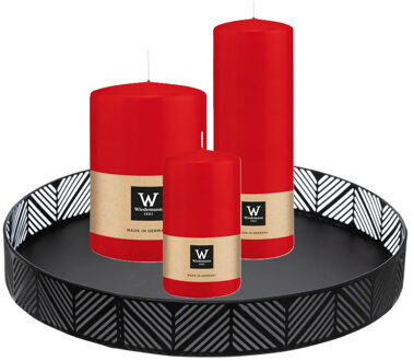 Cilinderkaarsen stompkaarsen - set van 3x - op dienblad - rood - 6 x 12 - 10x15 - 7x20 cm