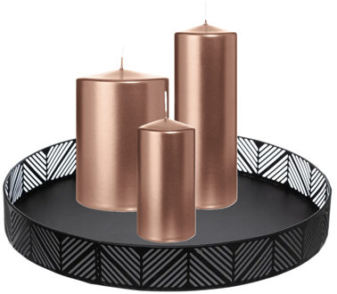 Cilinderkaarsen stompkaarsen - set van 3x - op dienblad - rose goud - 6 x 12 - 10x15 - 7x20 cm