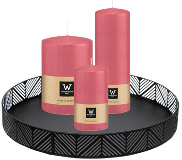Cilinderkaarsen stompkaarsen - set van 3x - op dienblad - roze - 6 x 12 - 10x15 - 7x20 cm