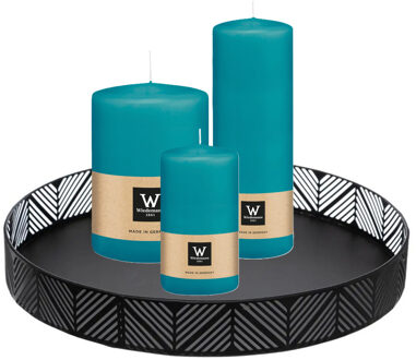 Cilinderkaarsen stompkaarsen - set van 3x - op dienblad - turquoise - 6 x 12 - 10x15 - 7x20 cm