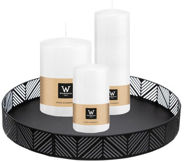 Cilinderkaarsen stompkaarsen - set van 3x - op dienblad - wit - 6 x 12 - 10x15 - 7x20 cm