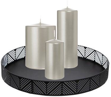 Cilinderkaarsen stompkaarsen - set van 3x - op dienblad - zilver - 6 x 12 - 10x15 - 7x20 cm