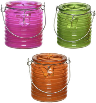 Citronella kaars - 3x - in windlicht - roze/groen en oranje - 20 branduren - citrusgeur - geurkaarsen Multikleur