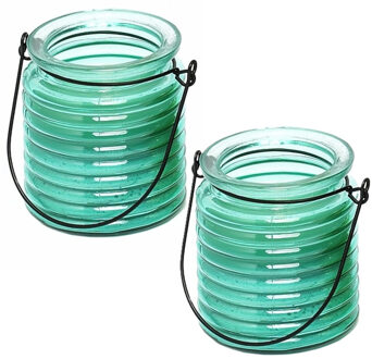 Citronellakaars - 2x - in blauw geribbeld glas - 8 cm - insecten verjagen - buitenkaars
