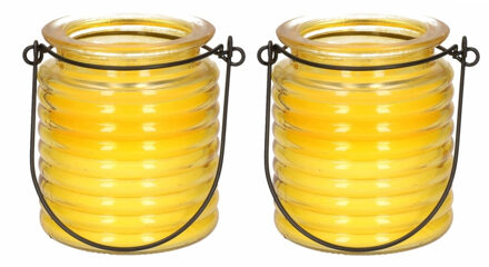 Citronellakaars - 2x - in geel geribbeld glas - 8 cm - insecten verjagen - buitenkaars