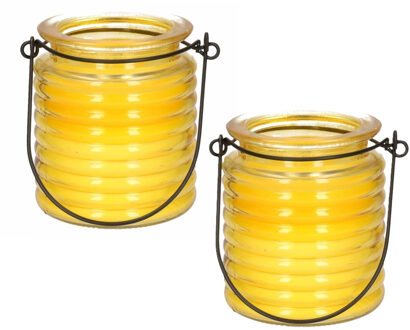 Citronellakaars - 2x - in geel geribbeld glas - 8 cm - insecten verjagen - buitenkaars
