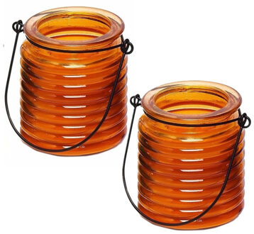 Citronellakaars - 2x - in oranje geribbeld glas - 8 cm - insecten verjagen - buitenkaars